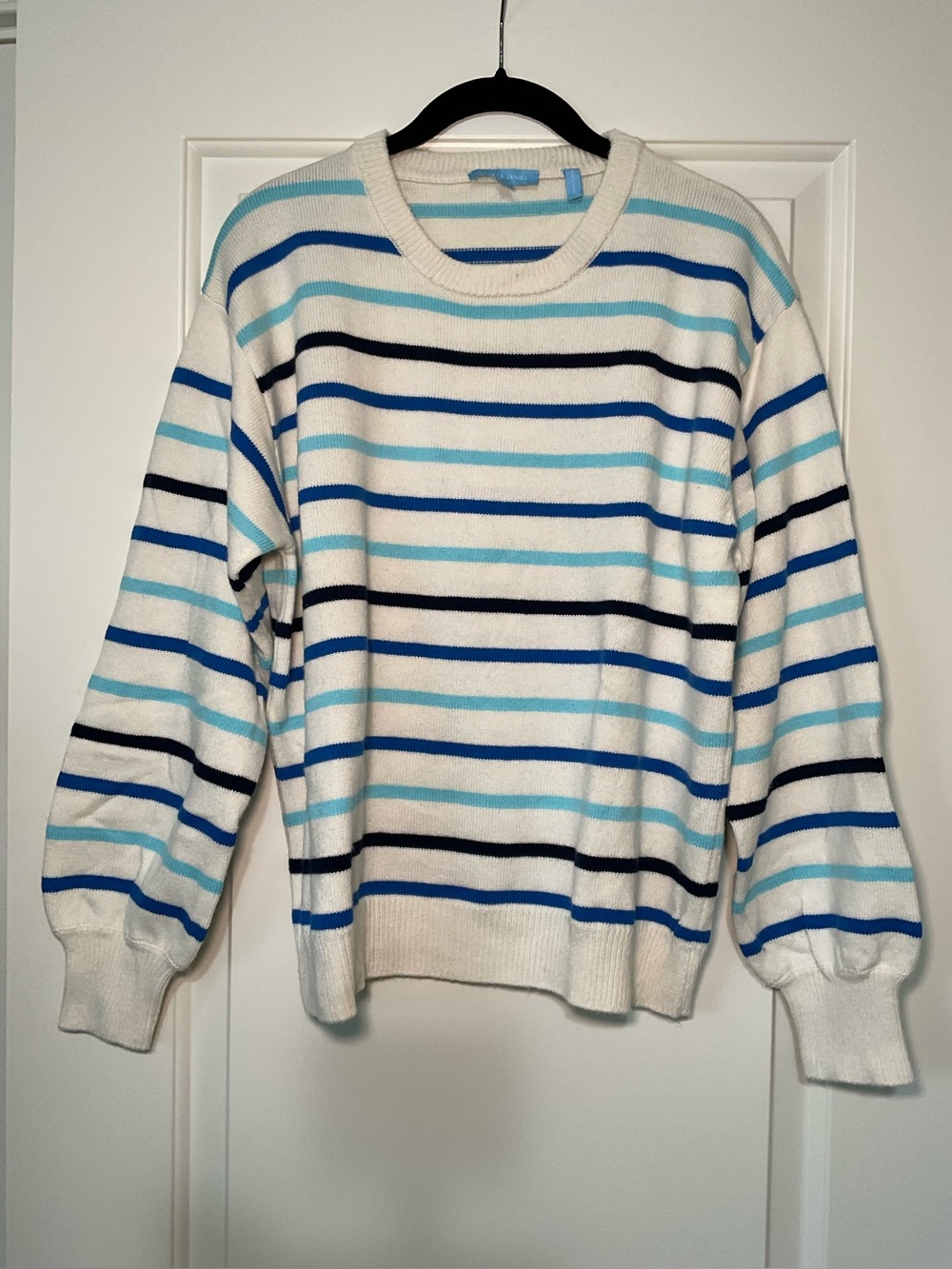 Draper James Cream Crewneck Sweater with Blue and Black Stripes